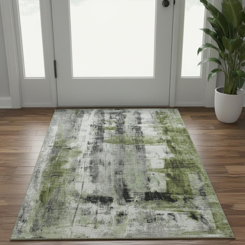 HomeRoots 5' X 8' Olive Green Charcoal Ivory Abstract Rug - Washable, UV Protected, Kid & Pet Friendly Design 719276