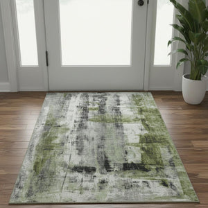 HomeRoots 5' X 8' Olive Green Charcoal Ivory Abstract Rug - Washable, UV Protected, Kid & Pet Friendly Design 719276