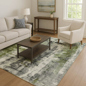 HomeRoots 8' Washable Olive Green, Charcoal & Ivory Abstract Round Rug with UV Protection for High-Traffic Areas 719277