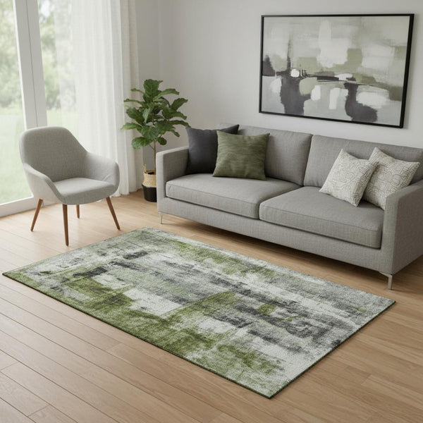 HomeRoots 8' Washable Olive Green, Charcoal & Ivory Abstract Round Rug with UV Protection for High-Traffic Areas 719277