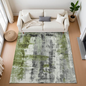 HomeRoots 9' X 12' Abstract Washable Area Rug in Olive Green, Charcoal & Ivory – UV-Protected & Easy Care 719279