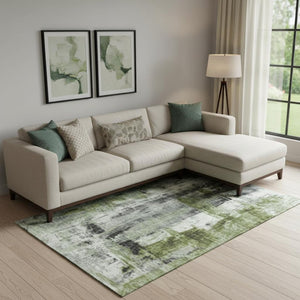 HomeRoots 9' X 12' Abstract Washable Area Rug in Olive Green, Charcoal & Ivory – UV-Protected & Easy Care 719279