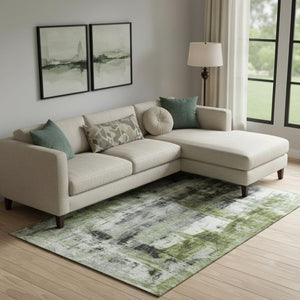 HomeRoots 10' X 14' Olive Green Charcoal Ivory Abstract Rug - Washable, UV Protected, Stain Resistant Design 719280