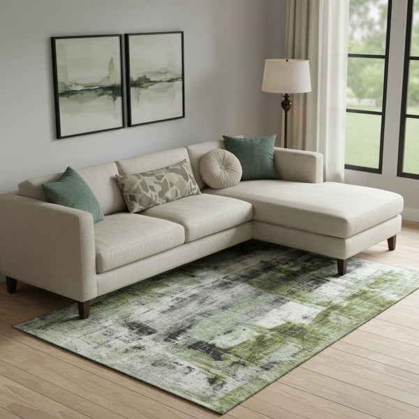 HomeRoots 10' X 14' Olive Green Charcoal Ivory Abstract Rug - Washable, UV Protected, Stain Resistant Design 719280