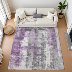 HomeRoots 8' Modern Abstract Purple Charcoal Ivory Round Rug - Washable, UV Protected, Pet-Friendly Design 719283