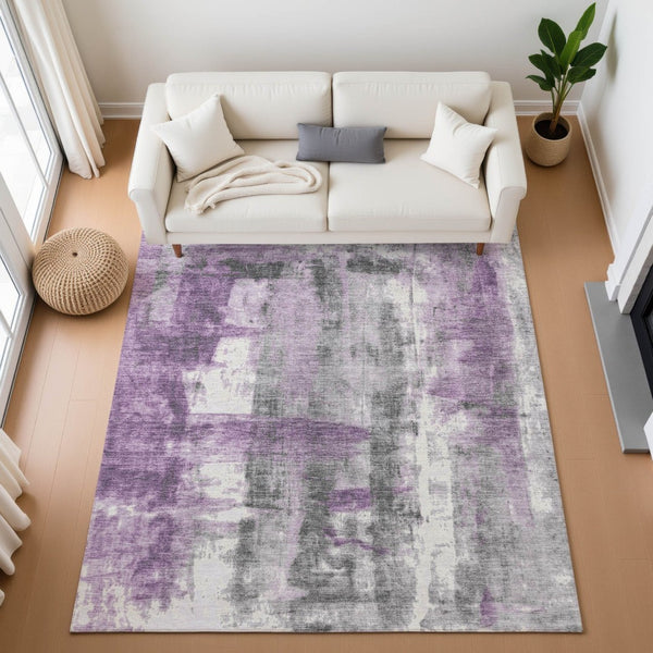 HomeRoots 8' Modern Abstract Purple Charcoal Ivory Round Rug - Washable, UV Protected, Pet-Friendly Design 719283