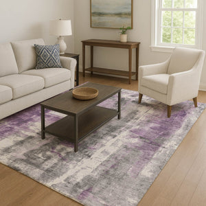 HomeRoots 8' Modern Abstract Purple Charcoal Ivory Round Rug - Washable, UV Protected, Pet-Friendly Design 719283