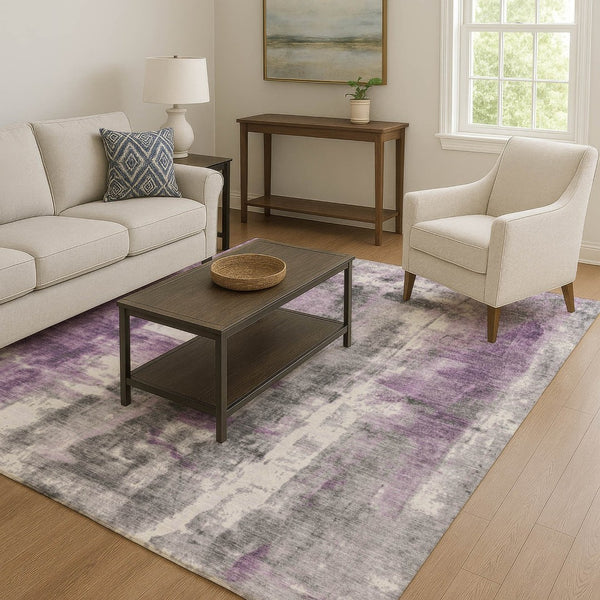 HomeRoots 8' Modern Abstract Purple Charcoal Ivory Round Rug - Washable, UV Protected, Pet-Friendly Design 719283