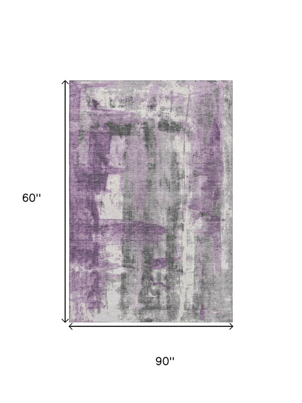 HomeRoots 8' Modern Abstract Purple Charcoal Ivory Round Rug - Washable, UV Protected, Pet-Friendly Design 719283
