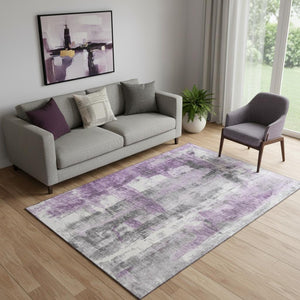 HomeRoots 8' Modern Abstract Purple Charcoal Ivory Round Rug - Washable, UV Protected, Pet-Friendly Design 719283