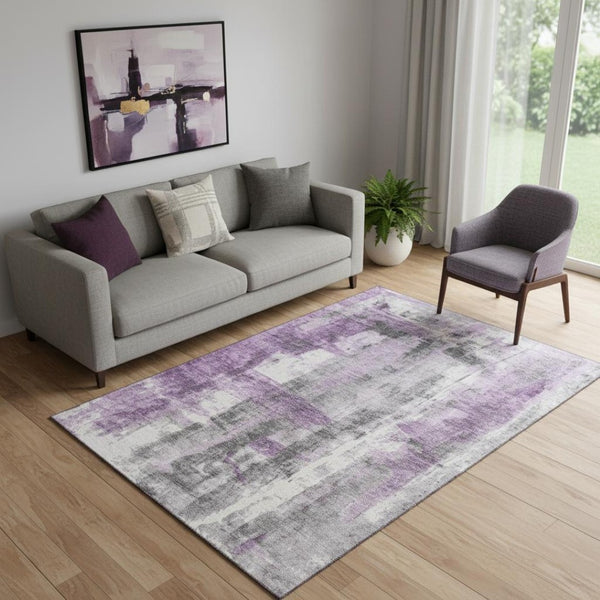 HomeRoots 8' Modern Abstract Purple Charcoal Ivory Round Rug - Washable, UV Protected, Pet-Friendly Design 719283