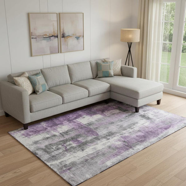 HomeRoots 10' X 14' Abstract Area Rug in Purple, Charcoal & Ivory - Washable, UV Protected, Non-Slip Design 719286