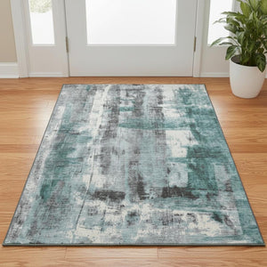 HomeRoots 5' X 8' Teal Charcoal & Ivory Abstract Area Rug - Washable, UV Protection, Perfect for Busy Homes! 719288