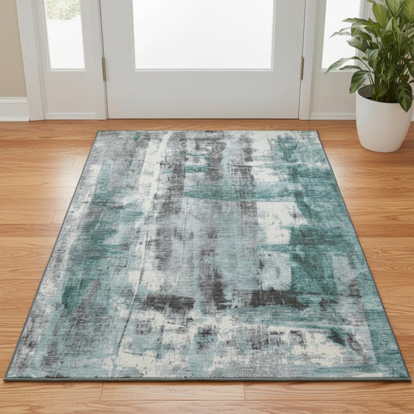 HomeRoots 5' X 8' Teal Charcoal & Ivory Abstract Area Rug - Washable, UV Protection, Perfect for Busy Homes! 719288