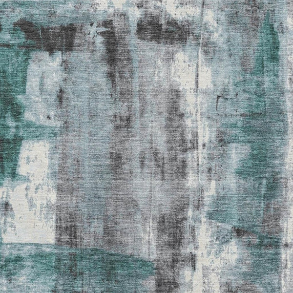 HomeRoots 8' Teal Charcoal & Ivory Abstract Round Rug - Machine Washable, UV-Protected, Stain Resistant Design 719289