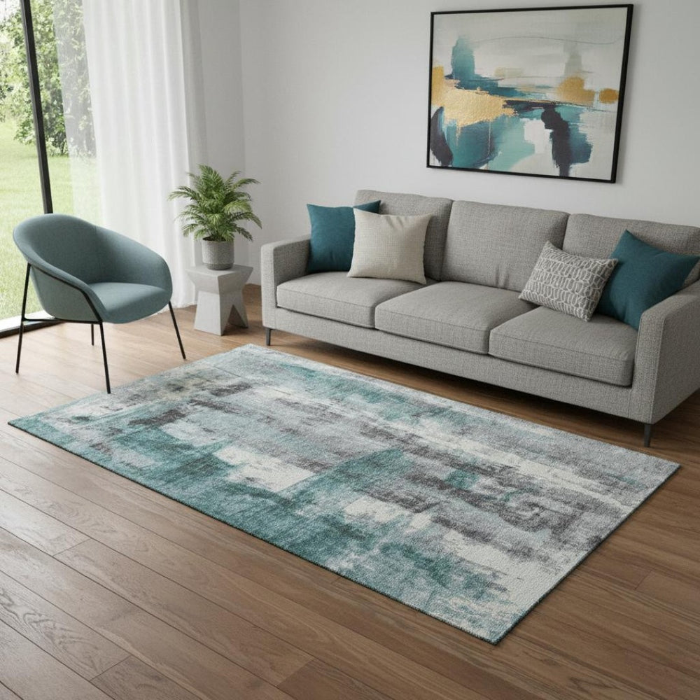 HomeRoots 8' Teal Charcoal & Ivory Abstract Round Rug - Machine Washable, UV-Protected, Stain Resistant Design 719289