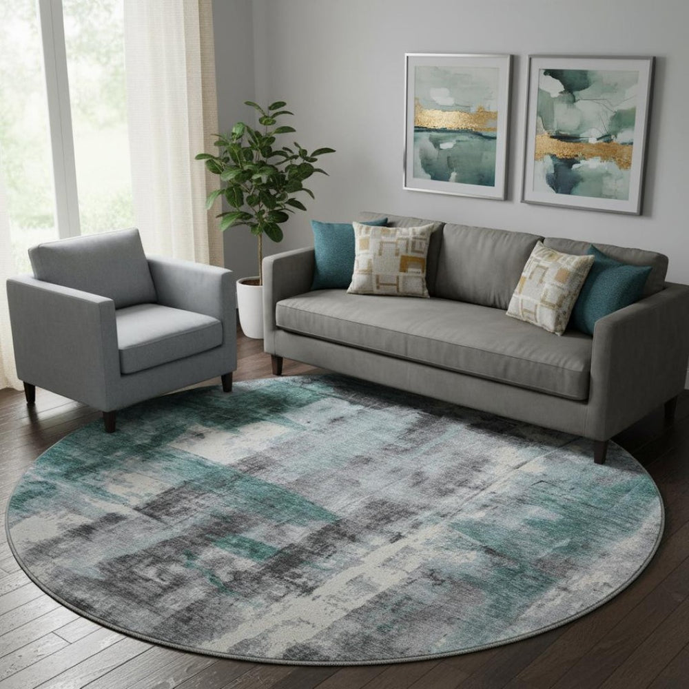 HomeRoots 8' X 10' Modern Teal, Charcoal & Ivory Abstract Washable Area Rug with UV Protection for Homes 719290