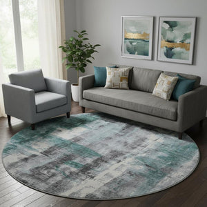 HomeRoots 8' X 10' Modern Teal, Charcoal & Ivory Abstract Washable Area Rug with UV Protection for Homes 719290