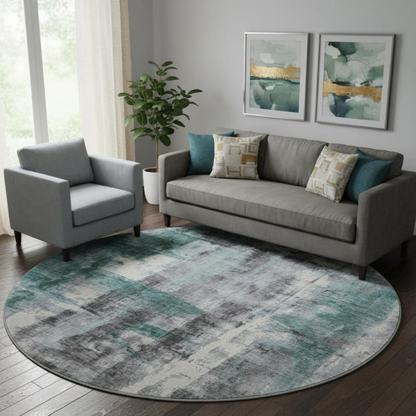 HomeRoots 8' X 10' Modern Teal, Charcoal & Ivory Abstract Washable Area Rug with UV Protection for Homes 719290