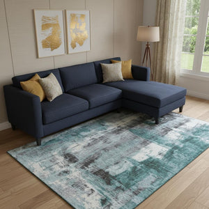 HomeRoots 9' X 12' Modern Teal Charcoal Ivory Abstract Area Rug – Washable, UV Resistant & Stain-Resistant Design 719291