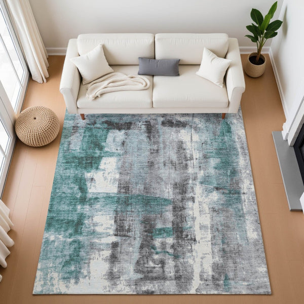 HomeRoots 10' X 14' Teal Charcoal Ivory Abstract Rug - Stylish, Washable, UV Resistant for Modern Homes 719292