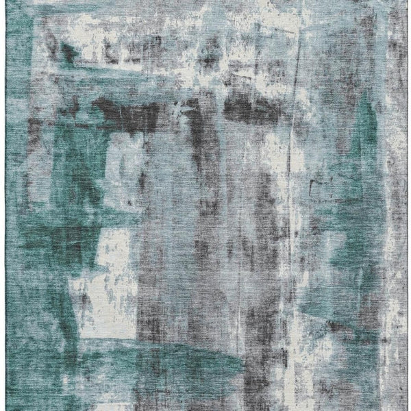 HomeRoots 10' X 14' Teal Charcoal Ivory Abstract Rug - Stylish, Washable, UV Resistant for Modern Homes 719292