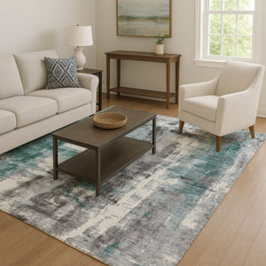 HomeRoots 10' X 14' Teal Charcoal Ivory Abstract Rug - Stylish, Washable, UV Resistant for Modern Homes 719292