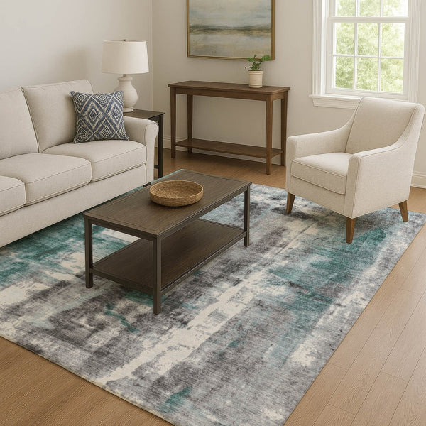 HomeRoots 10' X 14' Teal Charcoal Ivory Abstract Rug - Stylish, Washable, UV Resistant for Modern Homes 719292