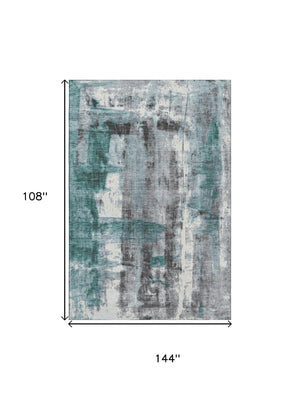 HomeRoots 10' X 14' Teal Charcoal Ivory Abstract Rug - Stylish, Washable, UV Resistant for Modern Homes 719292