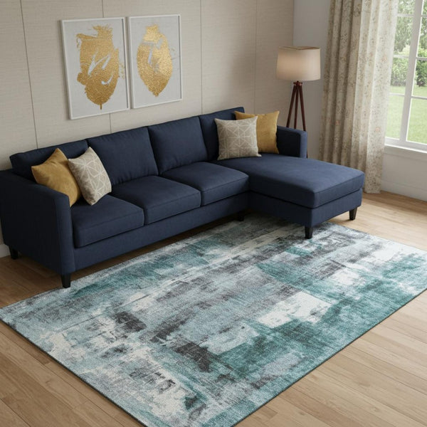 HomeRoots 10' X 14' Teal Charcoal Ivory Abstract Rug - Stylish, Washable, UV Resistant for Modern Homes 719292