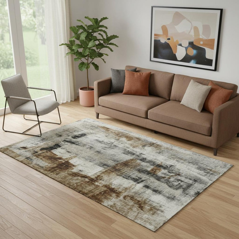 HomeRoots 8' Modern Abstract Washable Round Rug in Taupe & Charcoal - UV Protected, Stain Resistant, Durable Design 719295