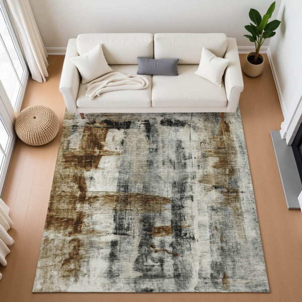 HomeRoots 9' X 12' Abstract Washable Area Rug in Taupe & Charcoal - UV Protected, Stain Resistant, Durable Design 719297