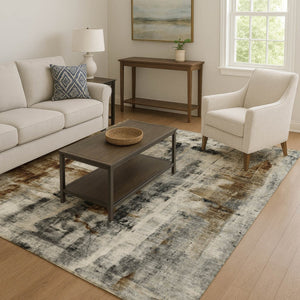 HomeRoots 9' X 12' Abstract Washable Area Rug in Taupe & Charcoal - UV Protected, Stain Resistant, Durable Design 719297