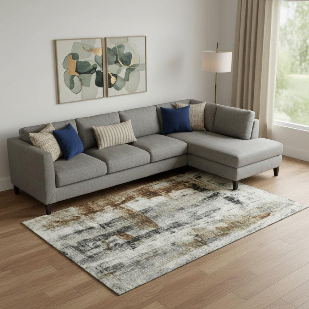 HomeRoots 9' X 12' Abstract Washable Area Rug in Taupe & Charcoal - UV Protected, Stain Resistant, Durable Design 719297