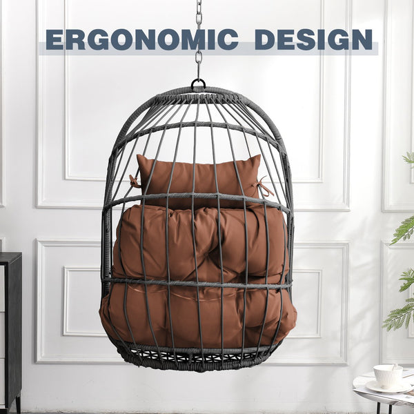 English Elm Outdoor Egg-shaped Hanging Chair with Stand - Cozy Cushioned Swing, Sturdy 350 lb Frame, Indoor/Patio Use Brown+Gray W2500P309626