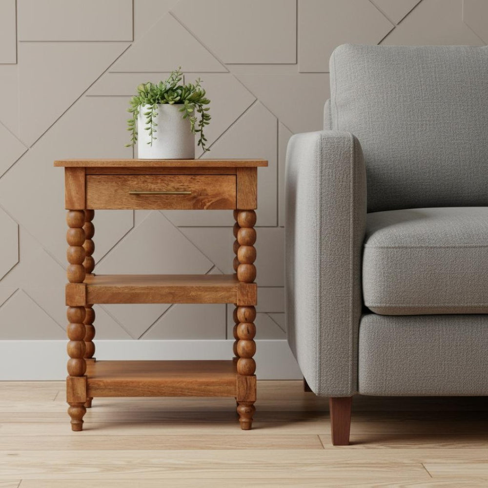 HomeRoots 28" Brown Solid Wood End Table with Drawer & Shelf - Handcrafted Mango Wood, Versatile & Stylish Accent 719336