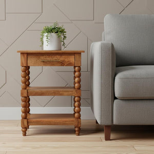 HomeRoots 28" Brown Solid Wood End Table with Drawer & Shelf - Handcrafted Mango Wood, Versatile & Stylish Accent 719336