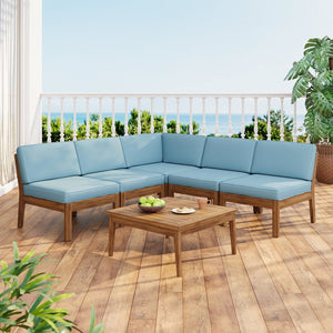 English Elm Christopher Knight Home® - Grenada 5-Seater Acacia Wood Outdoor Sectional Sofa Set With Removable Cushions & Coffee Table N773OS00057B