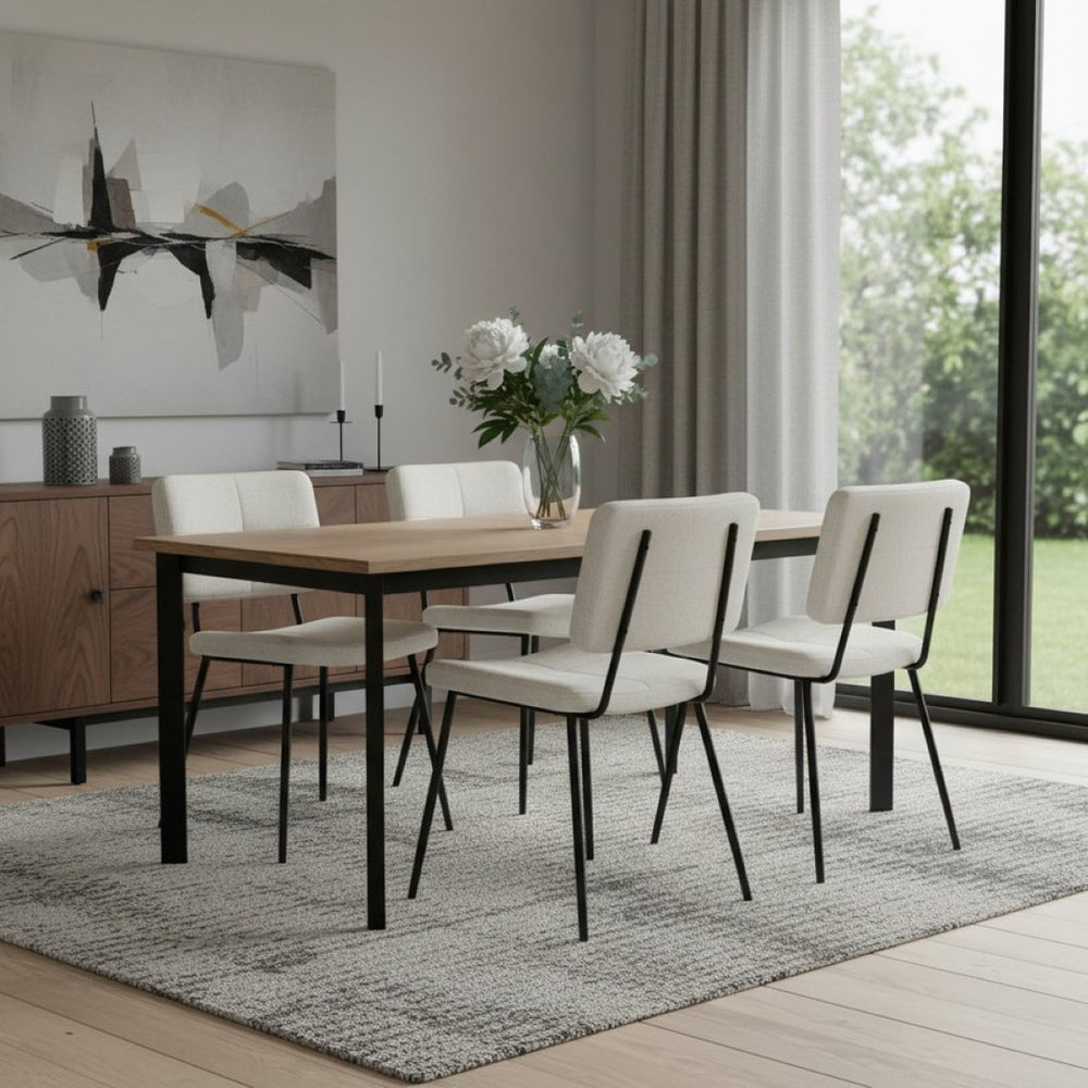 HomeRoots Set of Two Modern Beige Fabric Dining Arm Chairs with Black Steel Legs for Versatile Comfort 719343