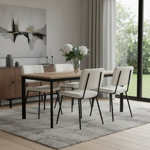 HomeRoots Set of Two Modern Beige Fabric Dining Arm Chairs with Black Steel Legs for Versatile Comfort 719343
