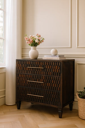 HomeRoots 32" Brown Solid Wood Sideboard with Three Drawers - Stylish Storage for Any Room in Your Home! 719376