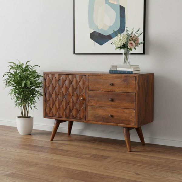 HomeRoots 65" Solid Wood Sideboard with Six Drawers – Stylish Brown Finish & Modern Silver Hardware Design 719382
