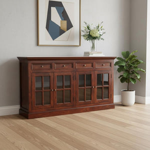 HomeRoots 65" Brown Solid Wood Sideboard – Modern Four Drawer Cabinet for Stylish Home Organization & Storage 719383