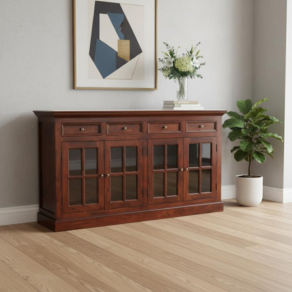 HomeRoots 65" Brown Solid Wood Sideboard – Modern Four Drawer Cabinet for Stylish Home Organization & Storage 719383
