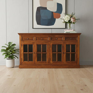 HomeRoots 65" Brown Solid Wood Sideboard - Stylish Four Drawer Storage Solution for Modern Living Spaces 719384