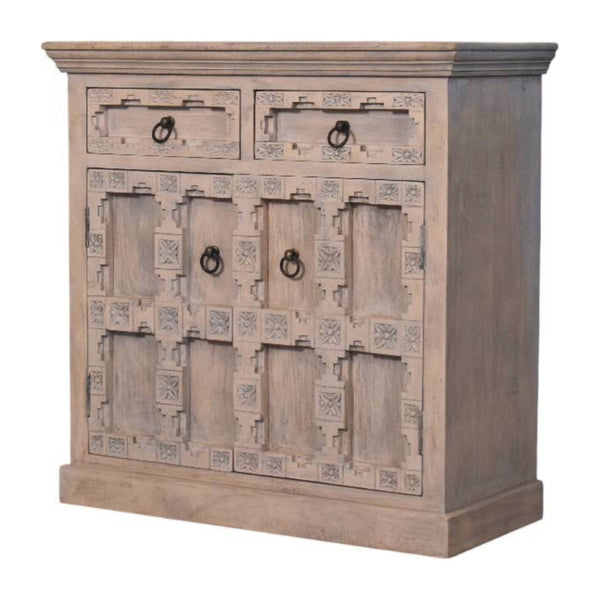 HomeRoots 87" White Carved Geometric Sideboard - Modern Storage Cabinet with Stainless Steel Legs & Elegance 719396