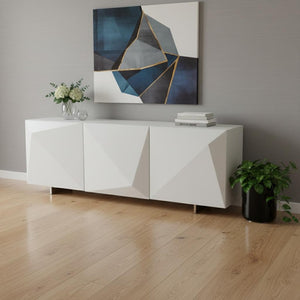 HomeRoots 87" Walnut Wood Carved Buffet Table - Modern Geometric Design with Soft-Close Doors & Storage Options 719397
