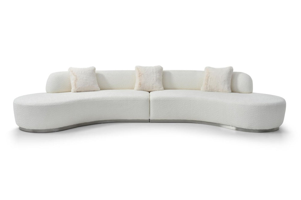 HomeRoots 150 Inch Boucle Curved Sectional Sofa with Toss Pillows for Stylish Modern Living Rooms White 719426