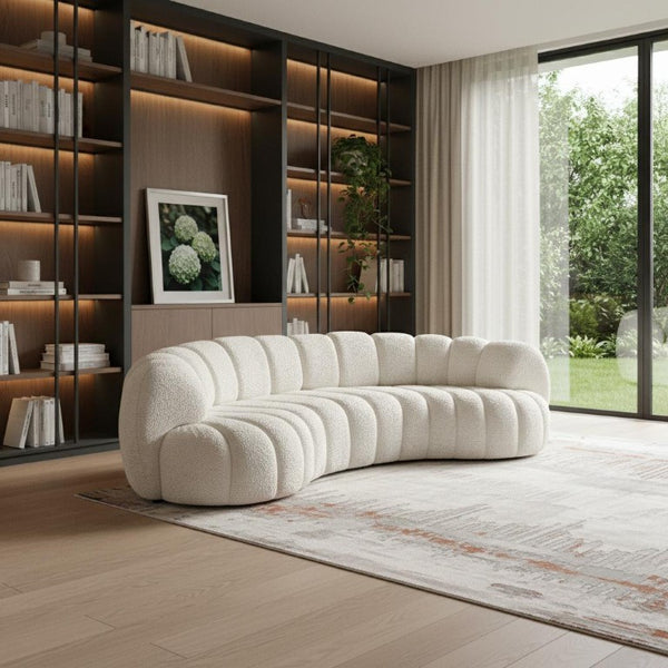 118 Inch Curved Chenille Sofa with Toss Pillows for Modern Living Rooms