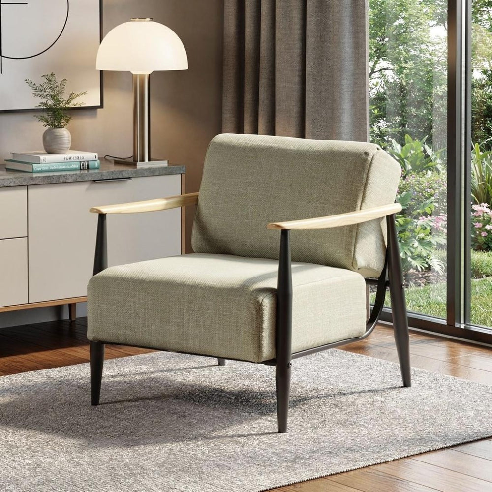 HomeRoots 23" Beige Wingback Chair - Mid-Century Modern Chenille Accent with Solid Wood Legs for Cozy Spaces 719435